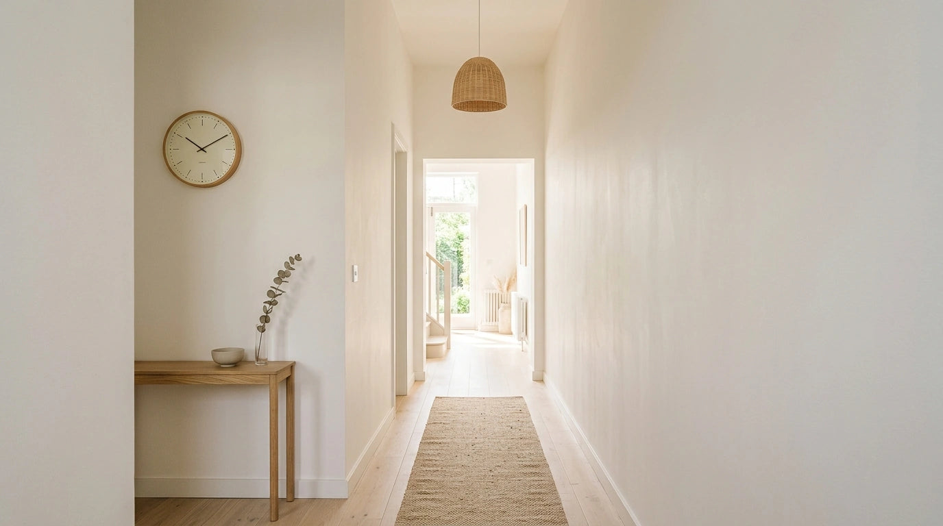 Horloge murale dans un couloir étroit lumineux qui habille le passage avec un petit format