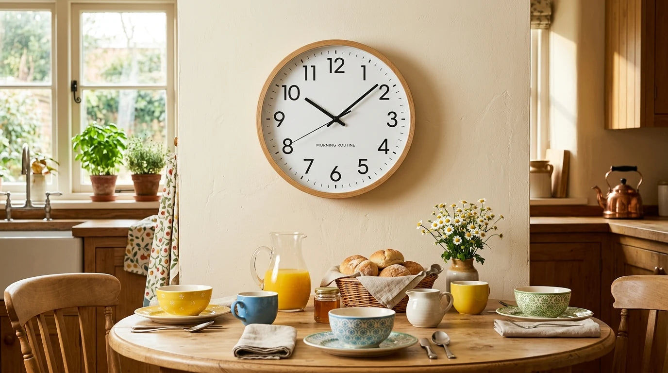 Horloge murale en cuisine reliant l'heure au quotidien et à la routine d'un enfant