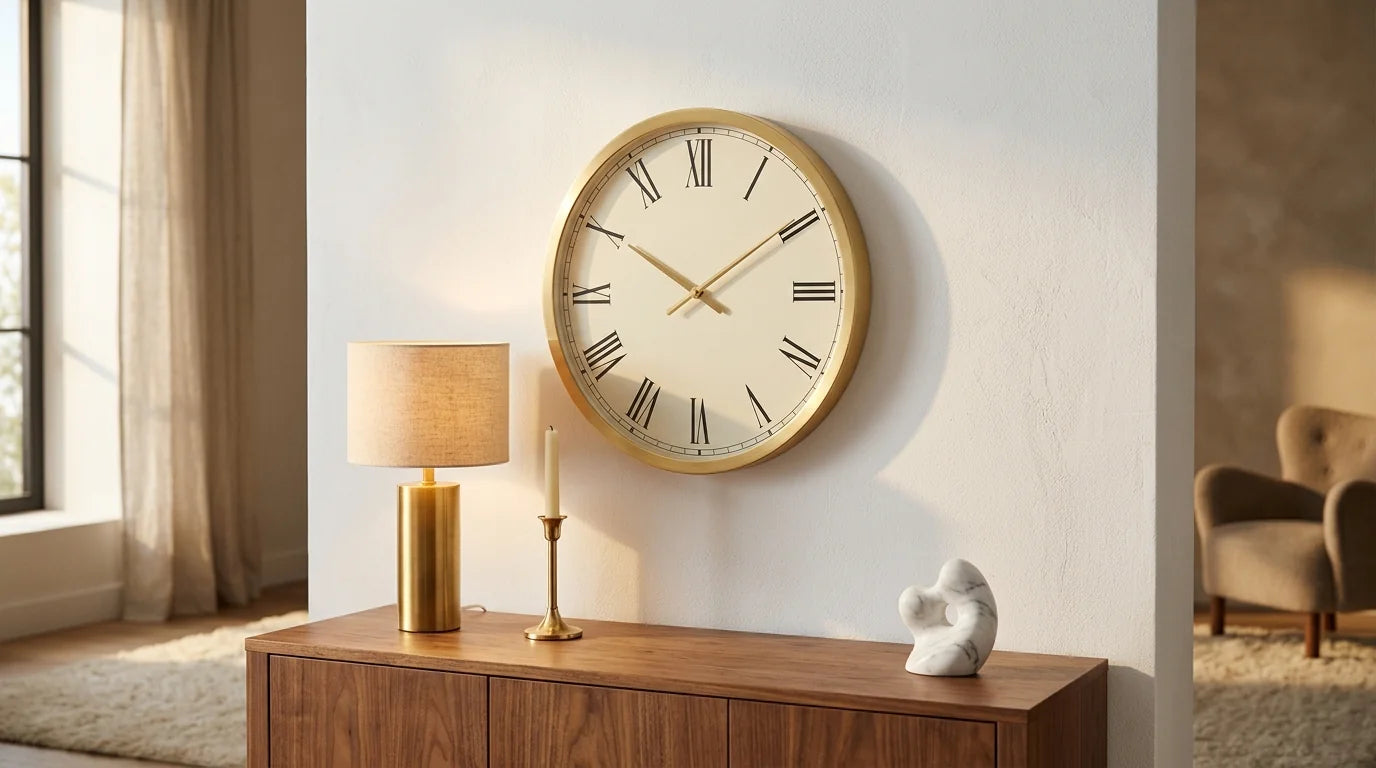 Horloge murale dorée chaleureuse posée sur un mur blanc dans un salon