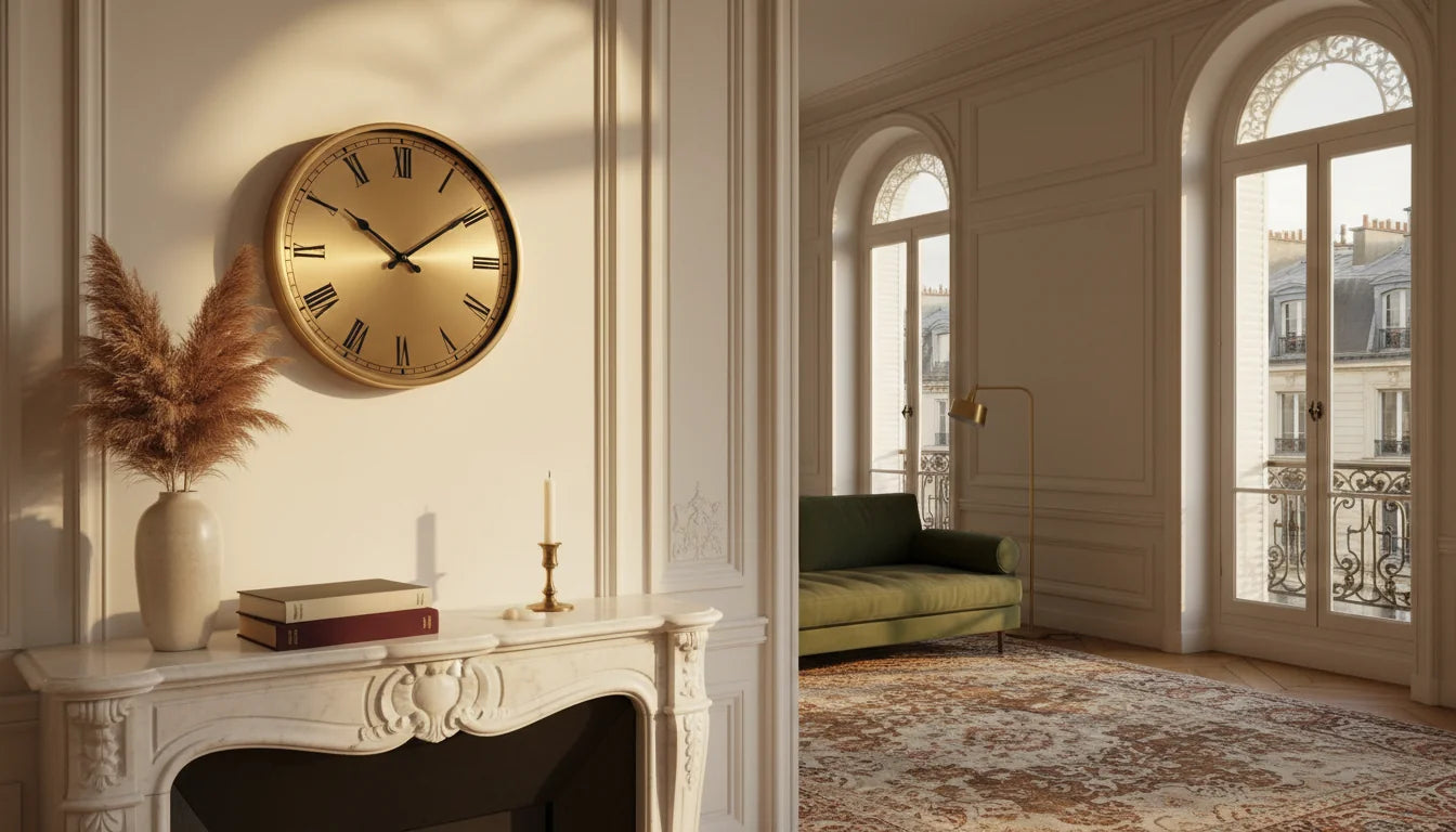 Salon haussmannien avec horloge murale dorée brushed brass chic discret