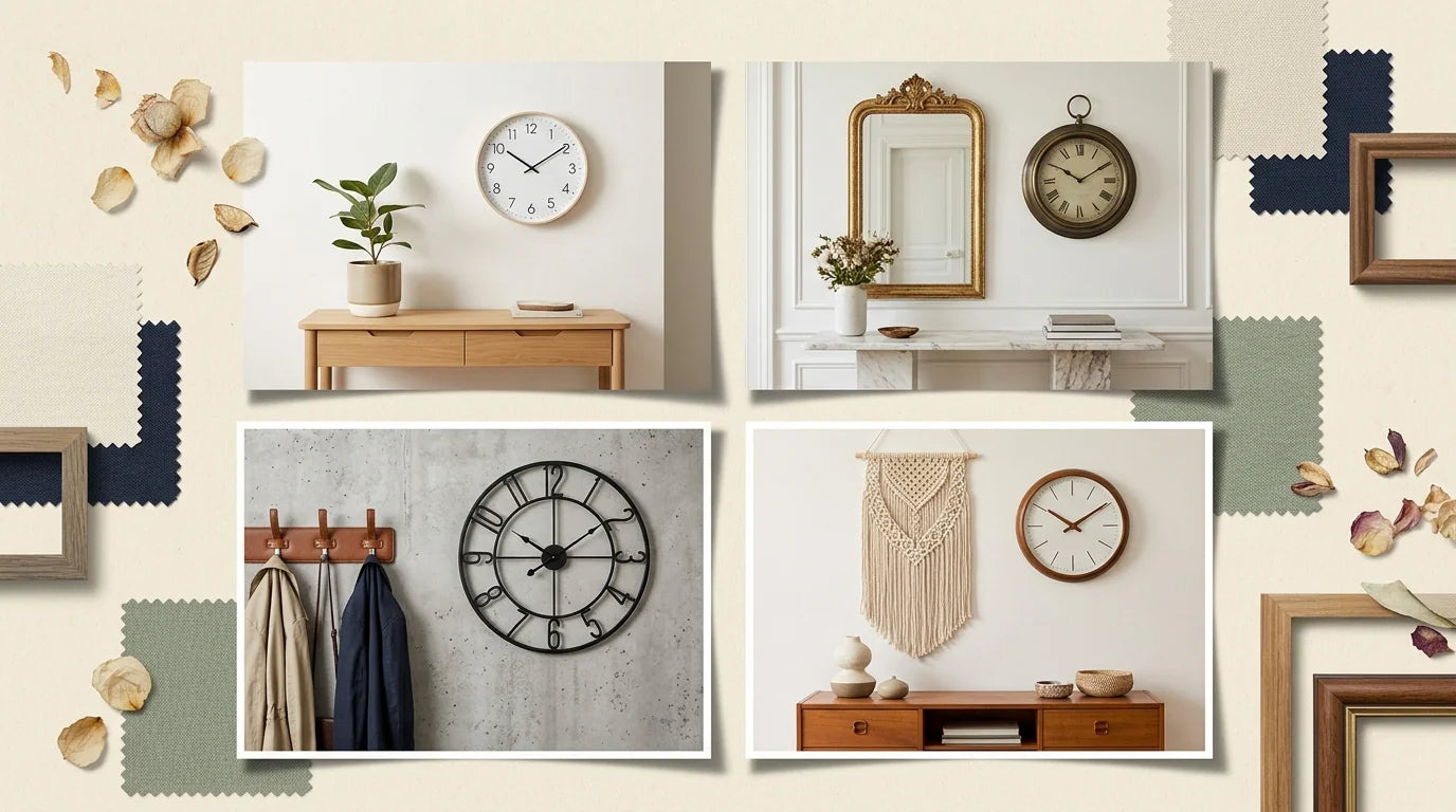 Mood board 4 idées de déco entrée avec horloges murales styles différents