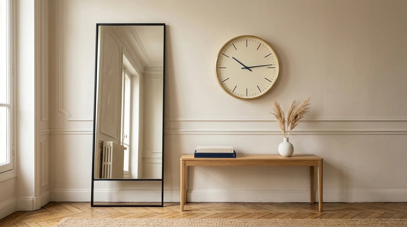 Composition duo horloge et miroir dans entrée parisienne moderne
