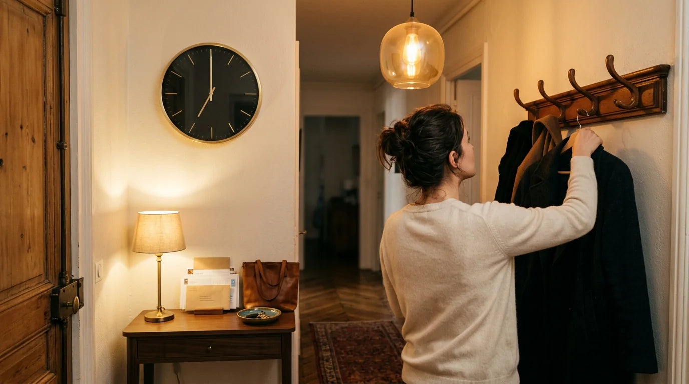 Personne qui rentre chez elle dans entrée avec horloge murale moderne