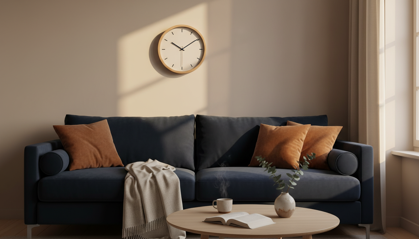 Horloge murale silencieuse à faible maintenance dans un salon cosy aux teintes chaleureuses