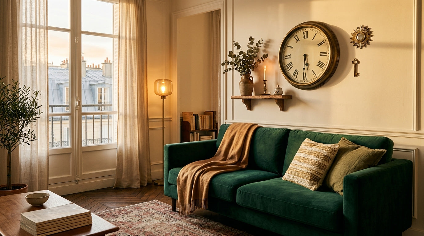 Horloge murale offerte en cadeau crémaillère accrochée dans le salon nouvellement aménagé