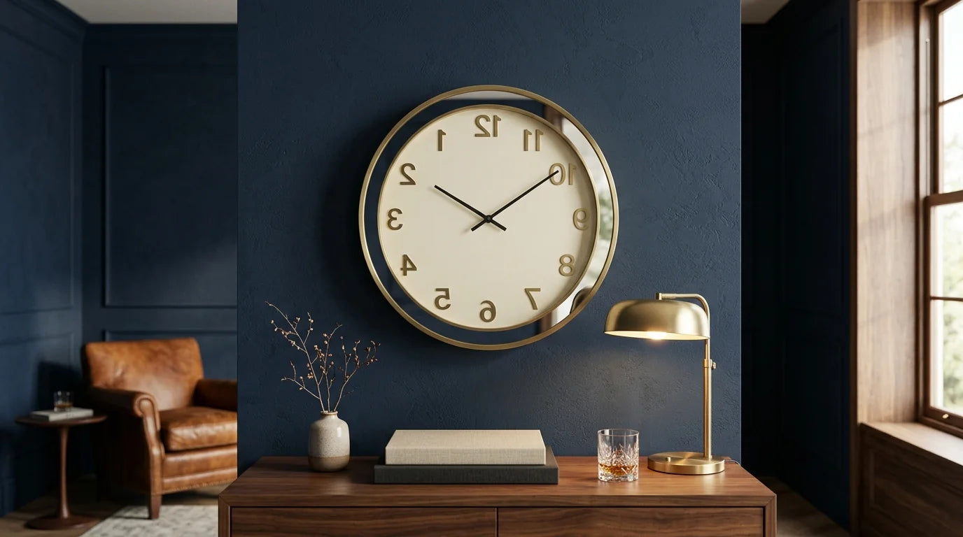 Horloge murale au cadran inversé tournant dans le sens anti-horaire dans un intérieur design