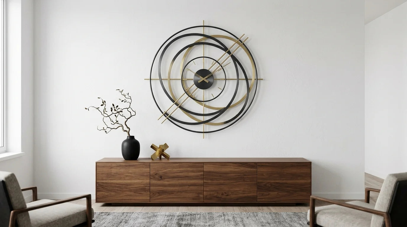Horloge murale en métal sculpturale faisant statement sur un mur blanc design