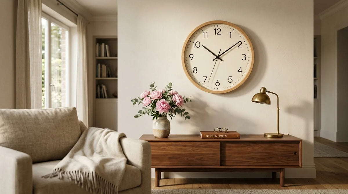 Horloge murale moderne dans un salon synthétisant le sens strict du mot horloge