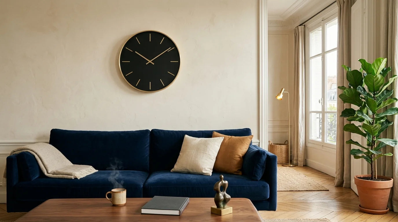 Salon moderne avec horloge murale noire mate au-dessus d'un canapé navy moderne