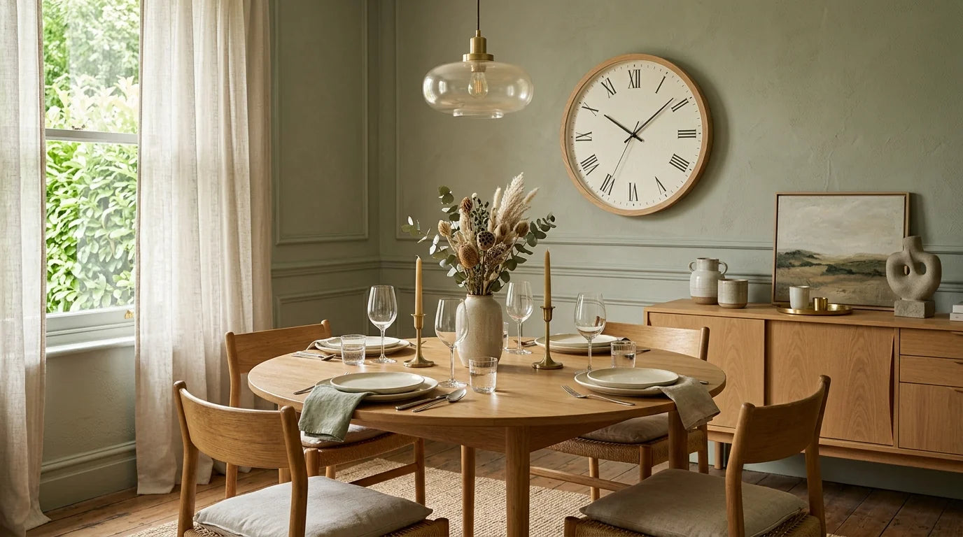 Horloge murale joliment placée dans une salle à manger conviviale et lumineuse