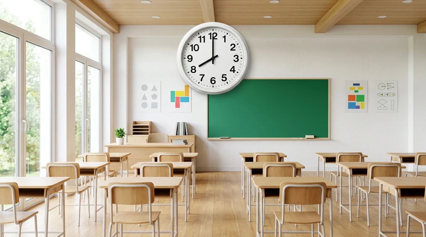 Horloge murale lisible au-dessus du tableau dans une salle de classe lumineuse pour la concentration