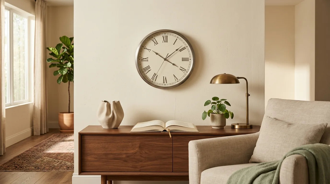 Horloge murale moderne dans un salon héritière de la physique atomique précision quotidienne accessible