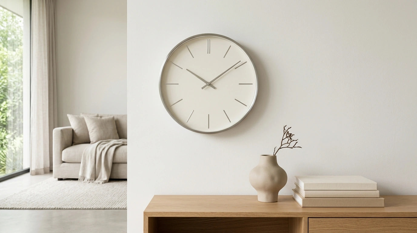 Horloge murale sans chiffres au design épuré à index minimalistes sur un mur moderne statement