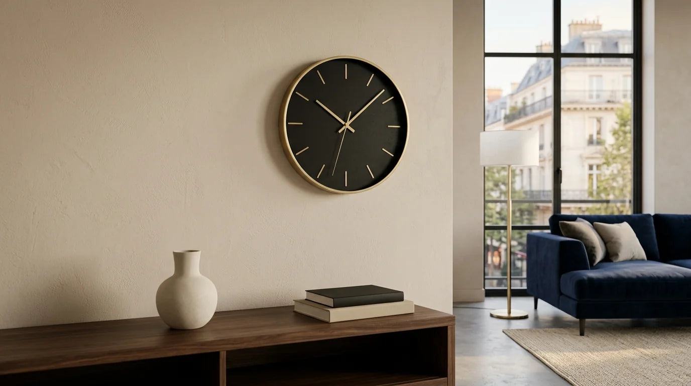 Horloge murale design sans chiffres dans un salon moderne minimaliste