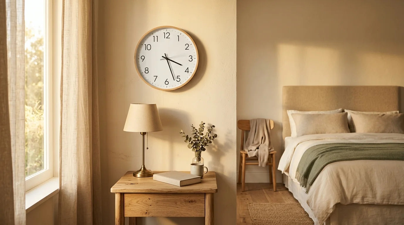 Horloge murale silencieuse à mécanisme sweep glissant sans bruit dans une chambre paisible