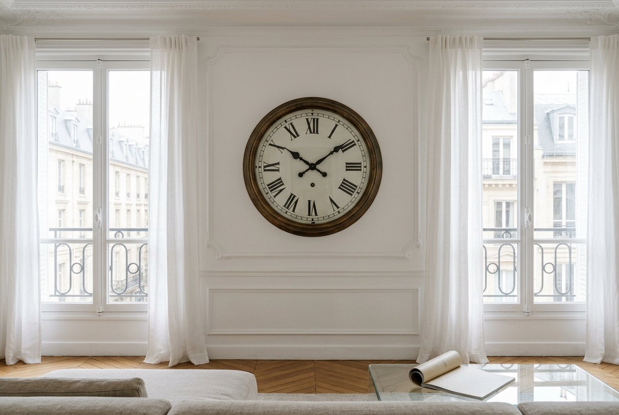 Horloge murale vintage patine bronze chiffres romains sur mur appartement parisien haussmannien moulures