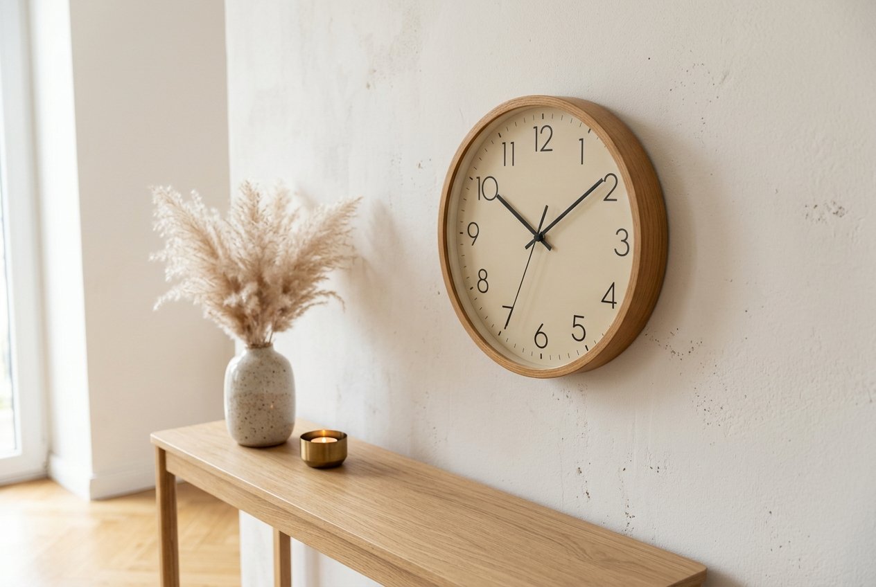 Salon scandinave avec horloge vintage cadran beige chiffres arabes sur mur blanc cassé console chêne