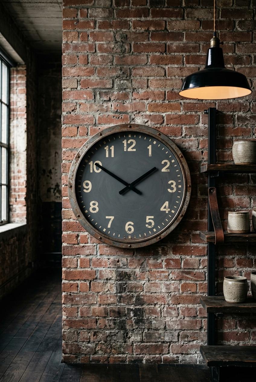 Horloge murale vintage cadre métal vieilli sur mur briques apparentes loft industriel