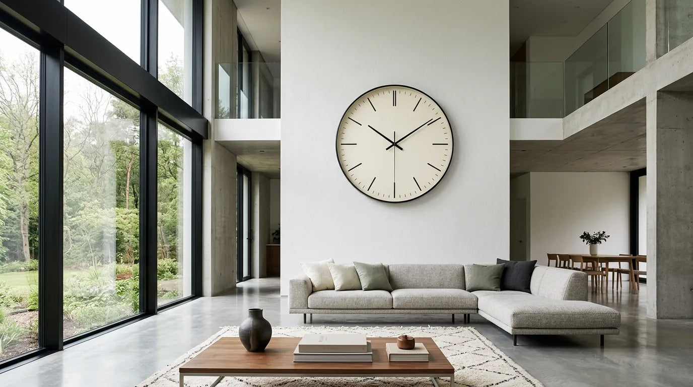 Horloge Roma géante sur un mur ample dans un grand salon ouvert design contemporain