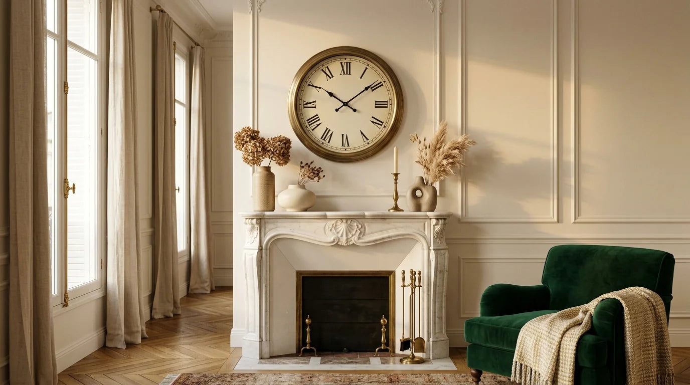Horloge murale placée au-dessus d'une cheminée comme point focal du salon