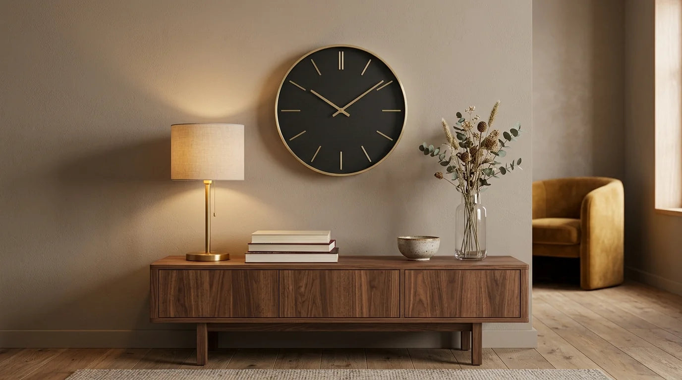 Horloge murale placée au-dessus d'une console basse dans un salon