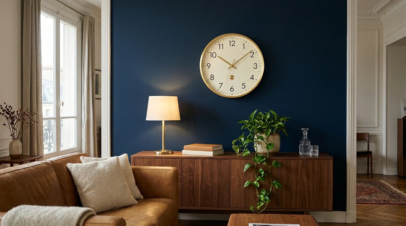 Horloge murale sur un mur d'accent coloré créant un contraste dans le salon