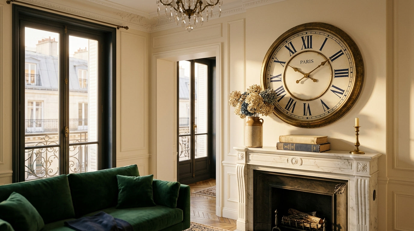 Horloge murale vintage au charme traditionnel dans un salon parisien chaleureux