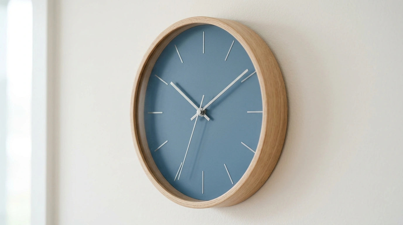 Détail d'une horloge scandinave en bois clair aux lignes épurées minimalistes nordiques