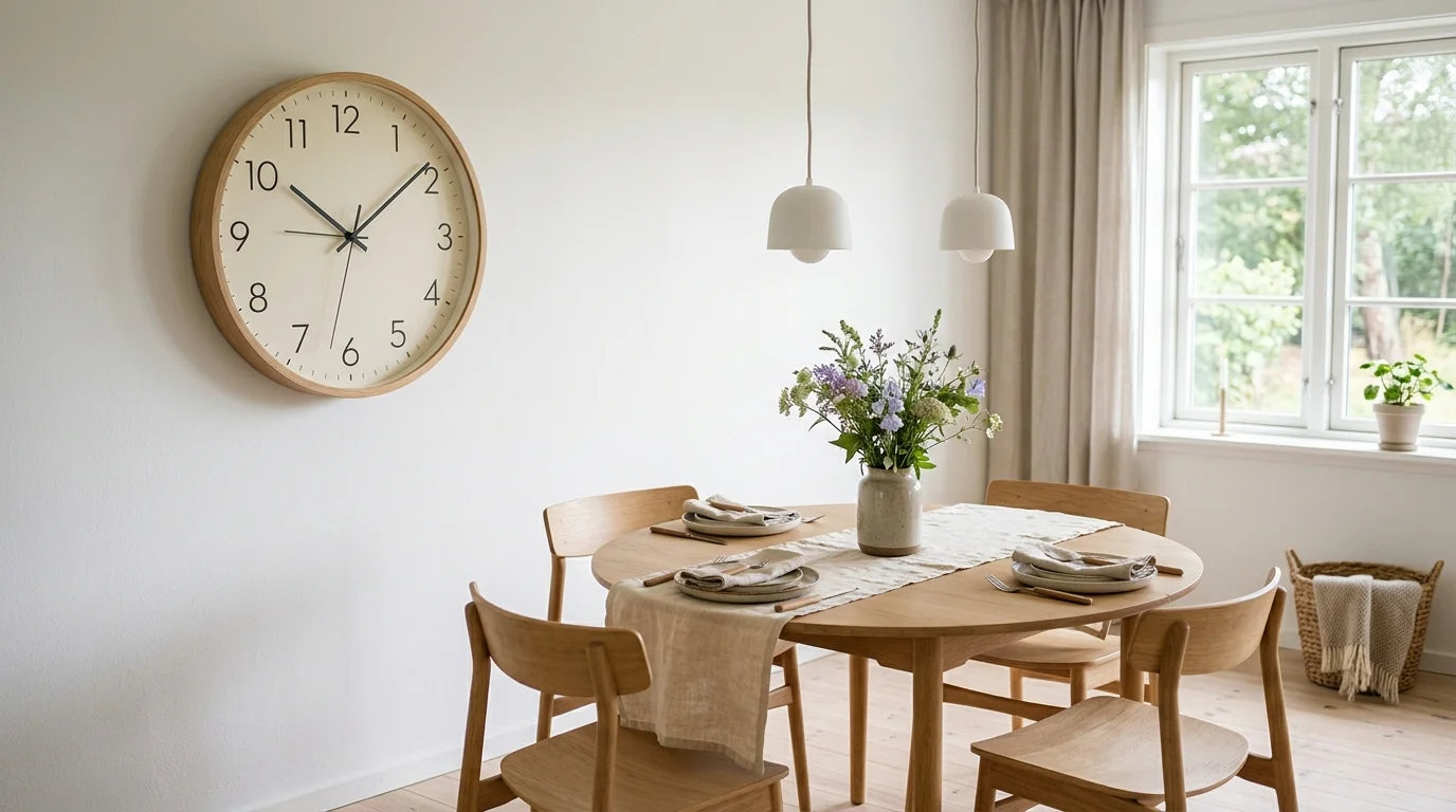 Horloge murale scandinave épurée dans une salle à manger claire et lumineuse