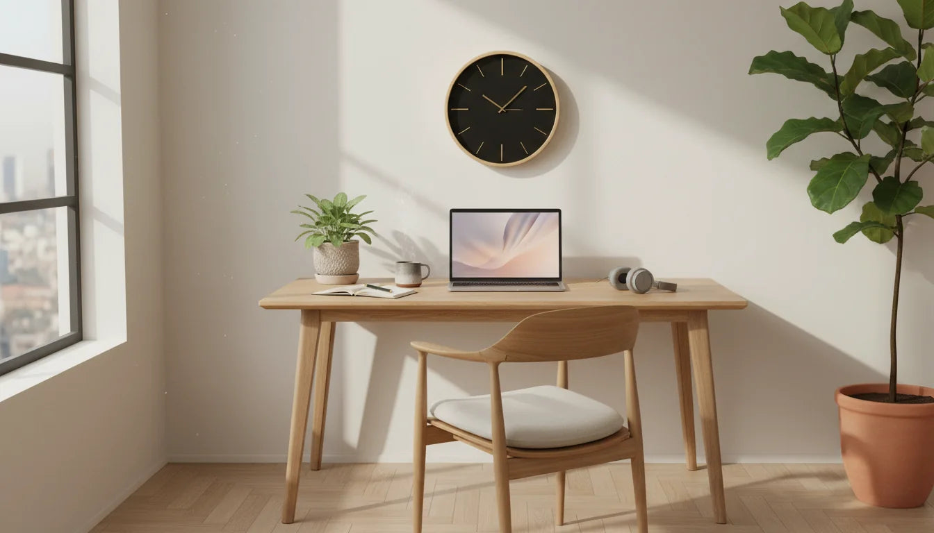 Bureau apaisé pour travail concentré avec horloge silencieuse environnement sonore neutre