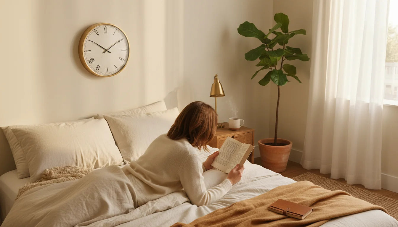Personne lisant dans son lit avec horloge murale silencieuse au-dessus moment de calme