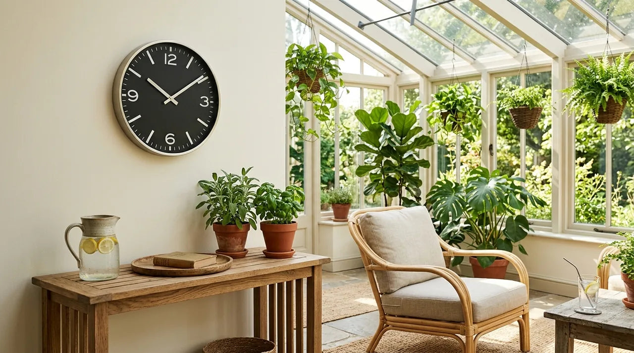 Horloge murale dans une véranda lumineuse avec plantes vertes et mobilier en rotin