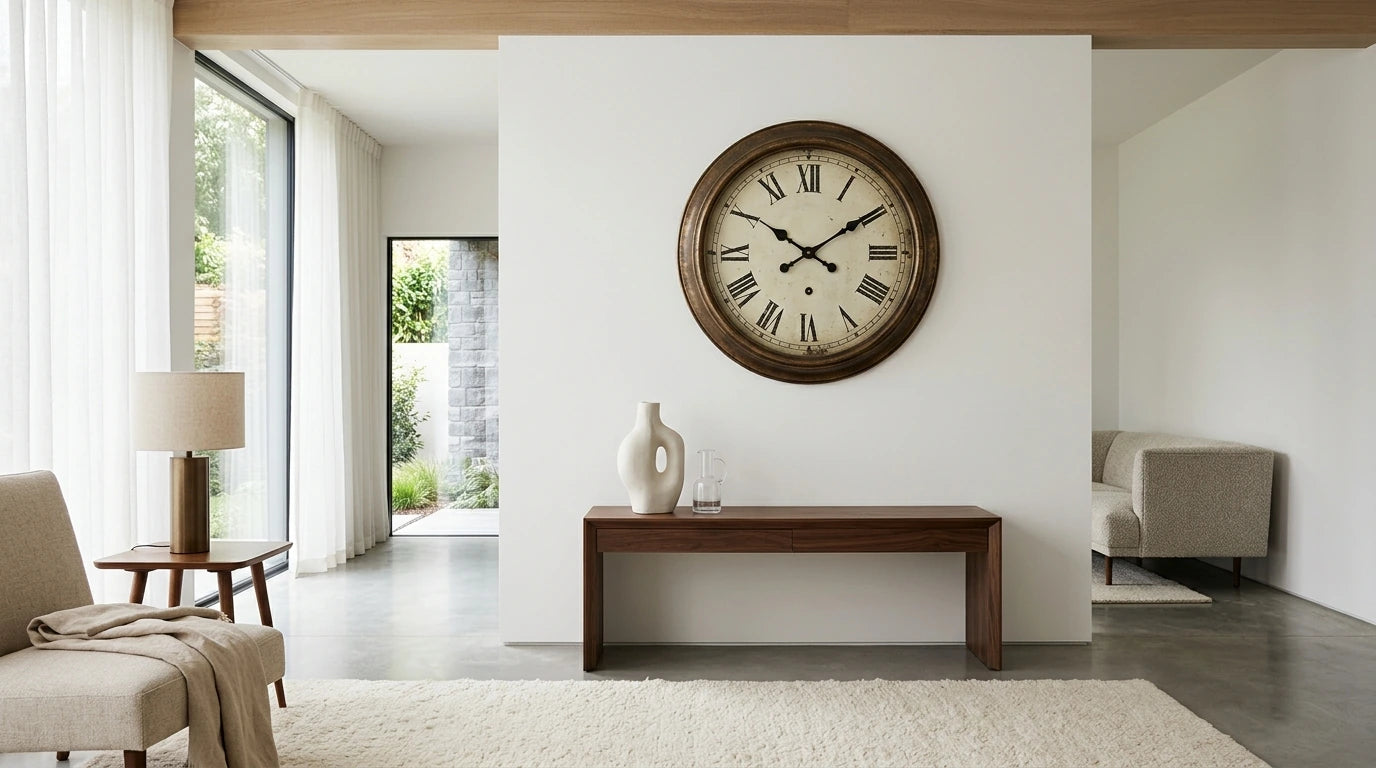 Horloge vintage sur un mur moderne créant un contraste chic entre ancien et contemporain