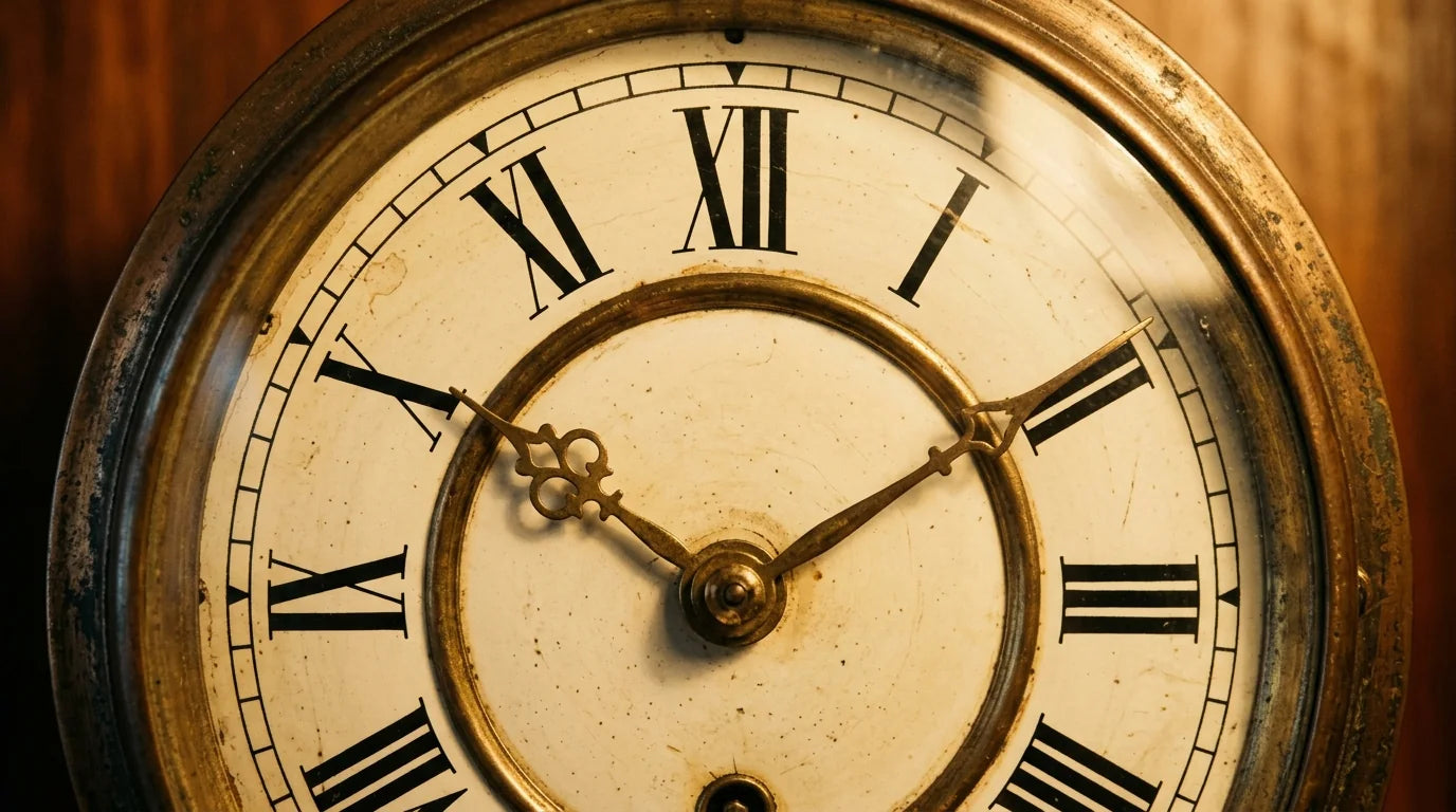 Gros plan sur la patine et les chiffres romains d'une horloge vintage au charme rétro authentique