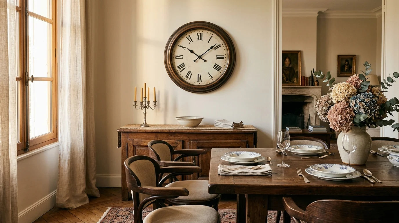 Horloge murale vintage dans une salle à manger classique avec table en chêne massif