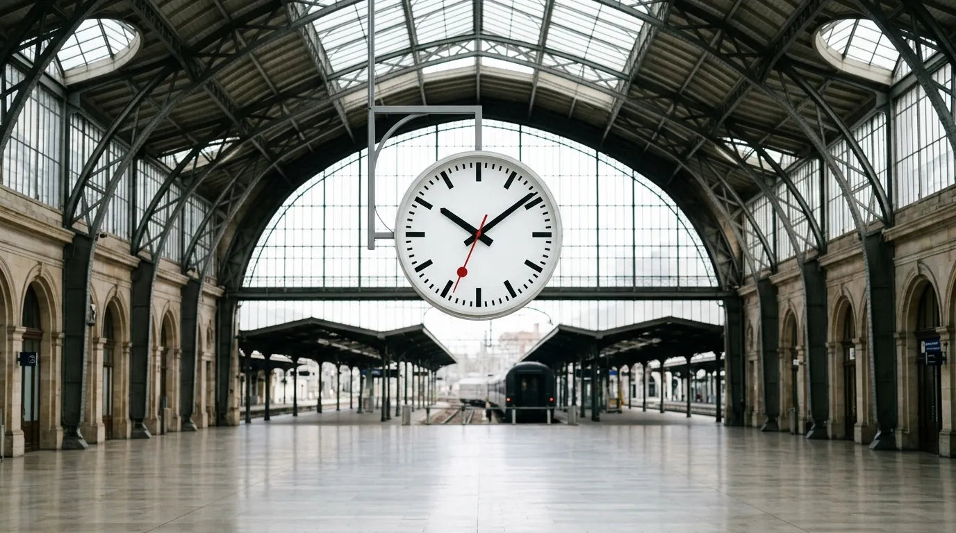 Horloge de gare suspendue dans un hall lumineux avec un cadran lisible de loin