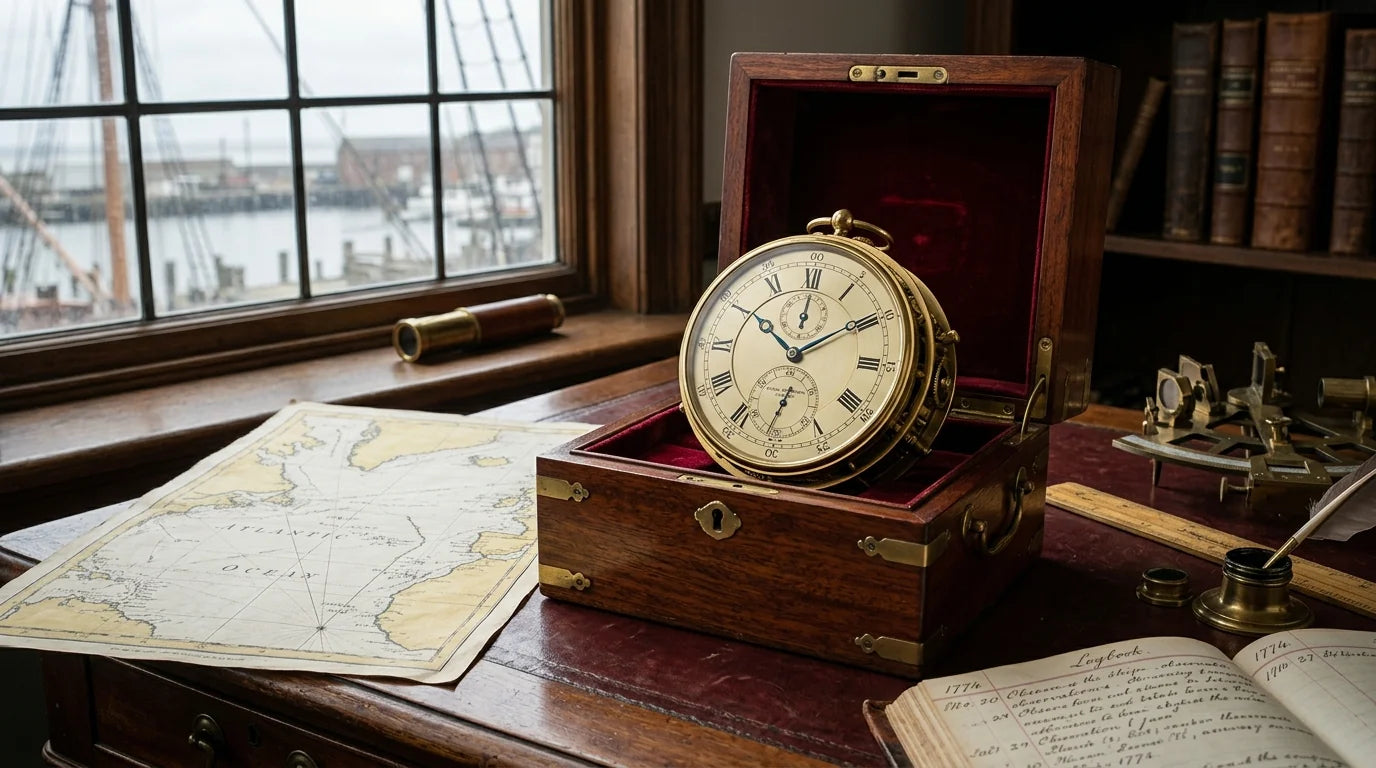 Chronomètre marin historique posé sur une carte de navigation et instruments d'amiral