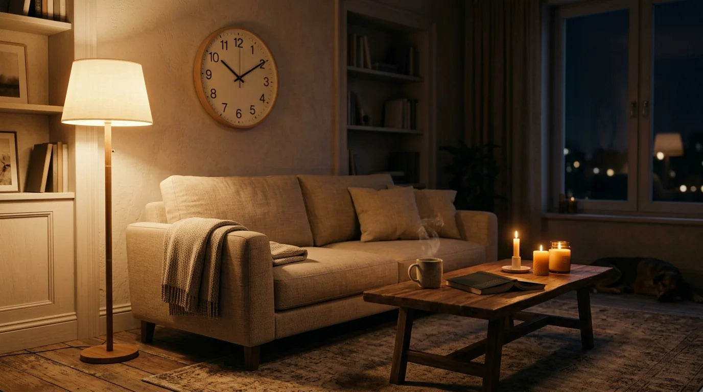 Lumière chaude du soir favorisant le bien-être et le rythme circadien avec horloge silencieuse