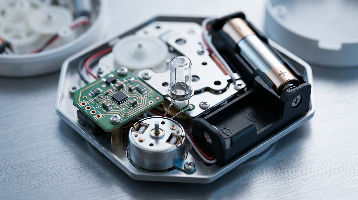 Mécanisme quartz moderne d'horloge murale avec circuit électronique visible