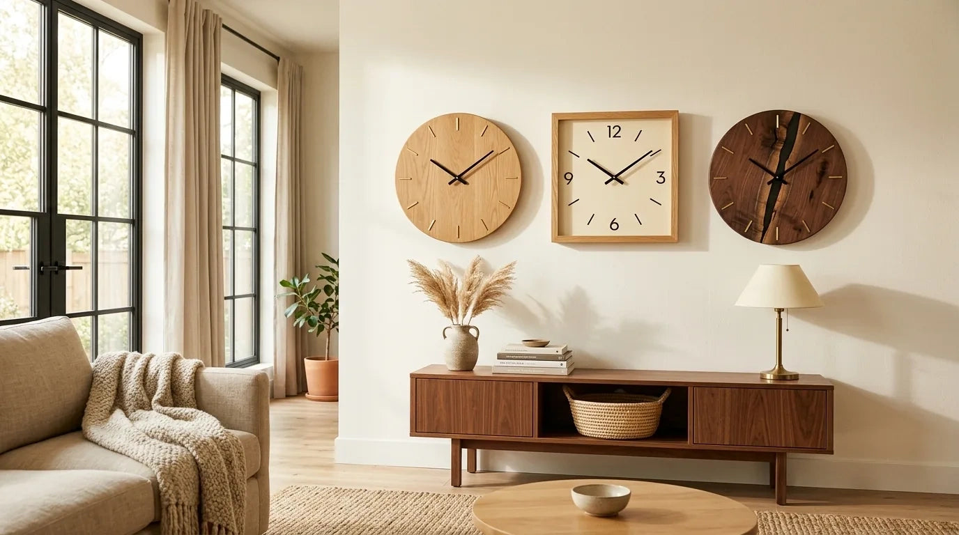 Plusieurs horloges murales en bois de styles différents dans un salon chaleureux comparatif 2026