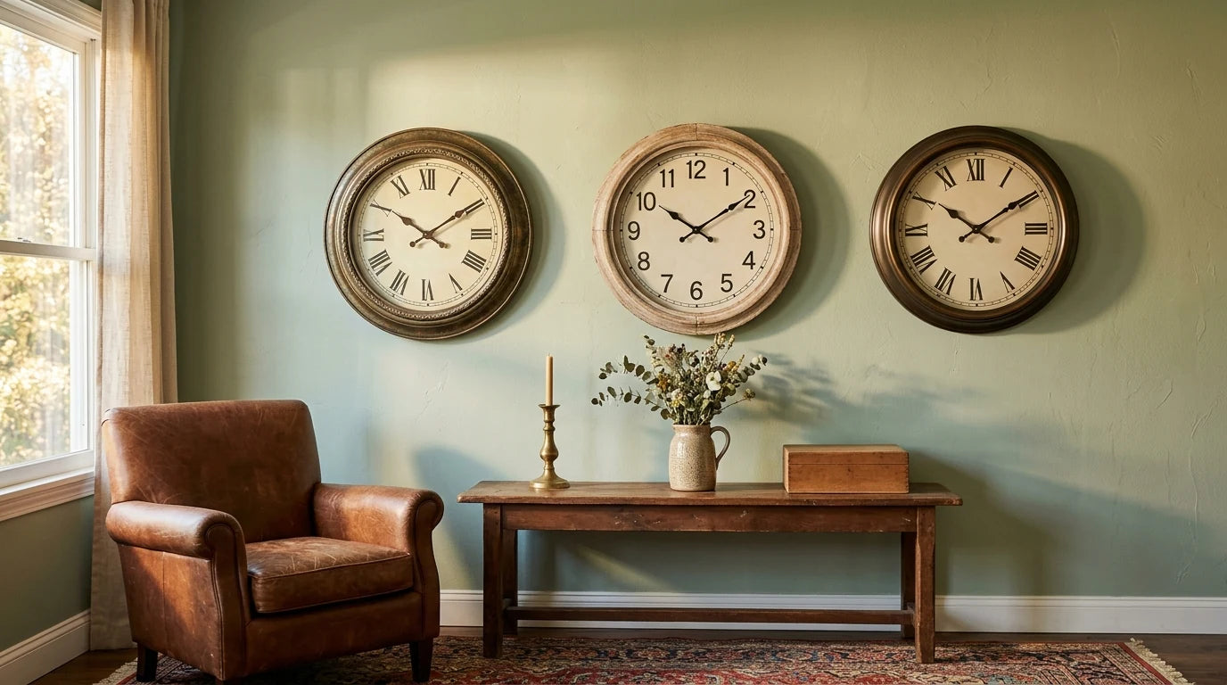 Plusieurs horloges murales vintage de styles rétro différents sur un mur au caractère patiné 2026