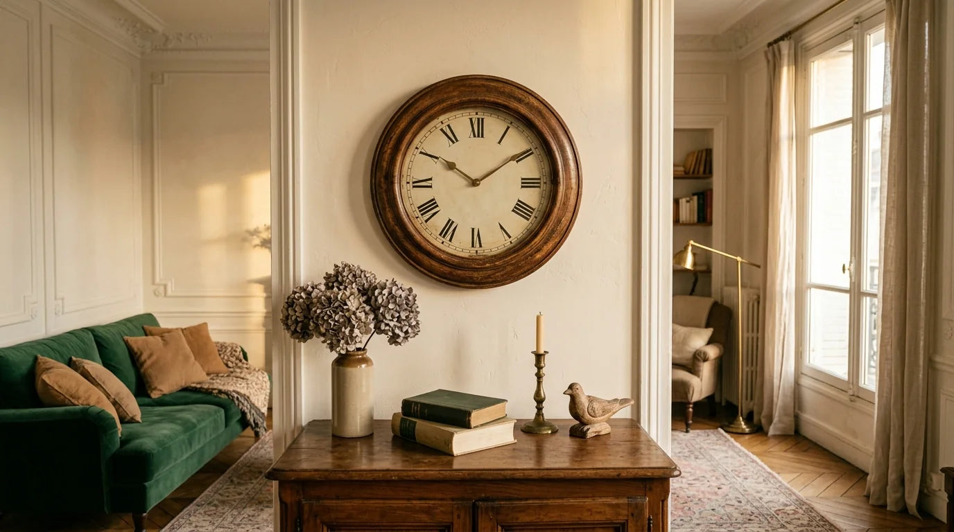 Montmartre horloge vintage en bois patiné 29 euros dans salon classique français cadeau mère