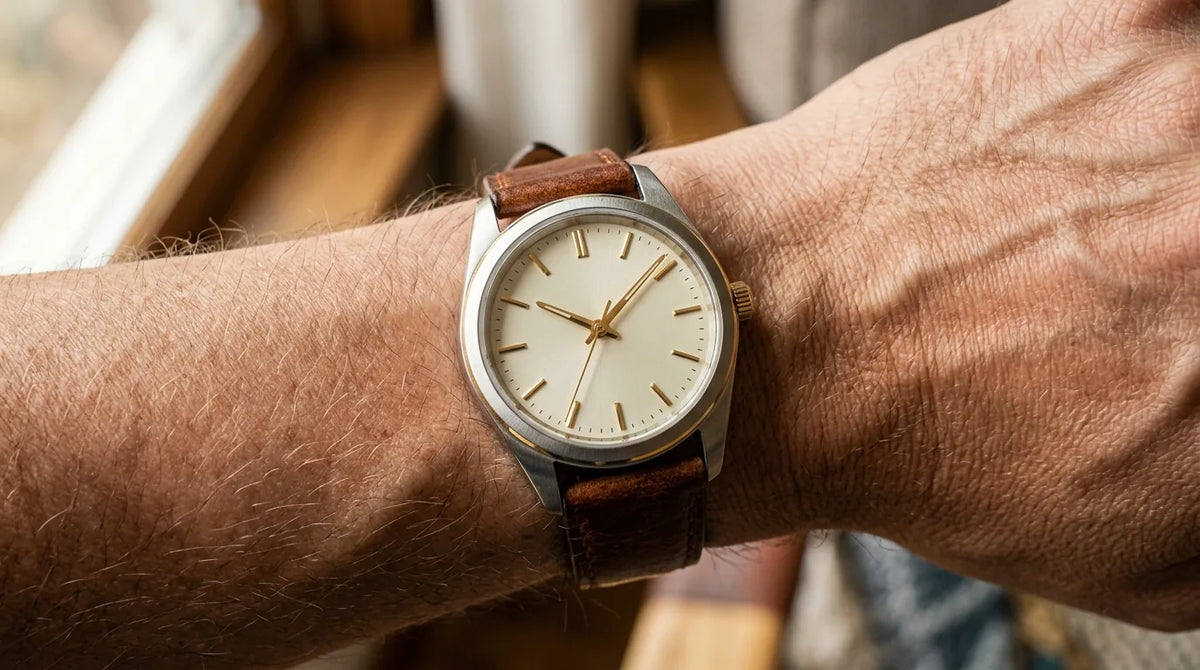 Montre-bracelet classique au poignet illustrant l'horloge devenue portable