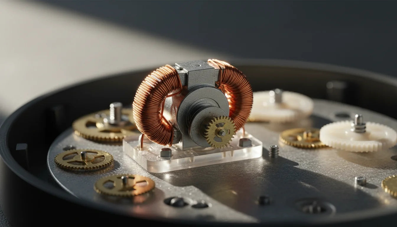 Macro du moteur pas-à-pas d'une horloge murale avec bobines de cuivre visibles