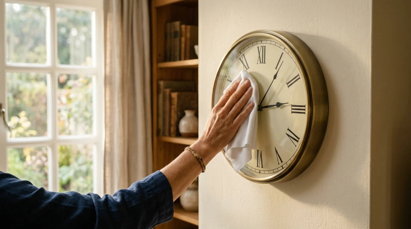 Personne nettoyant délicatement une horloge murale avec un chiffon microfibre