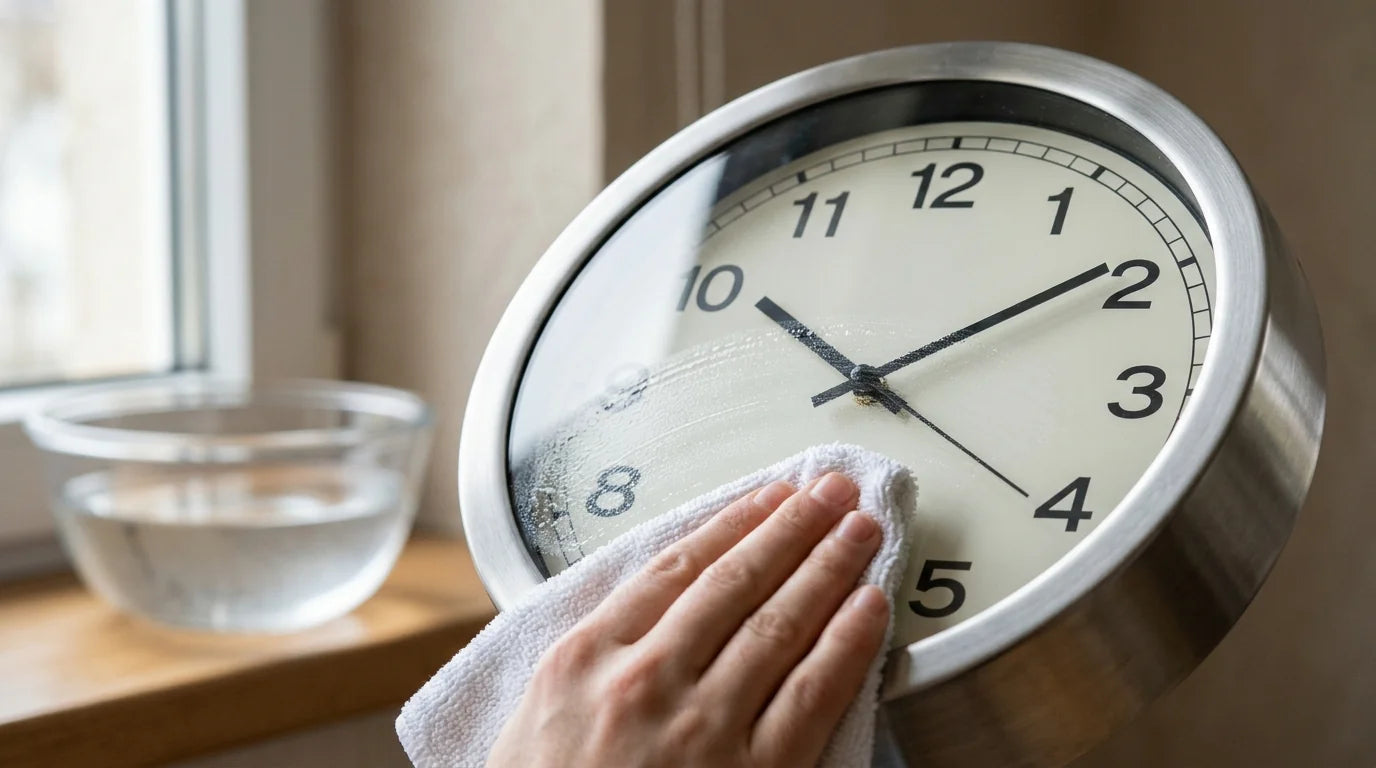 Nettoyage de la vitre d'une horloge murale avec un chiffon légèrement humide