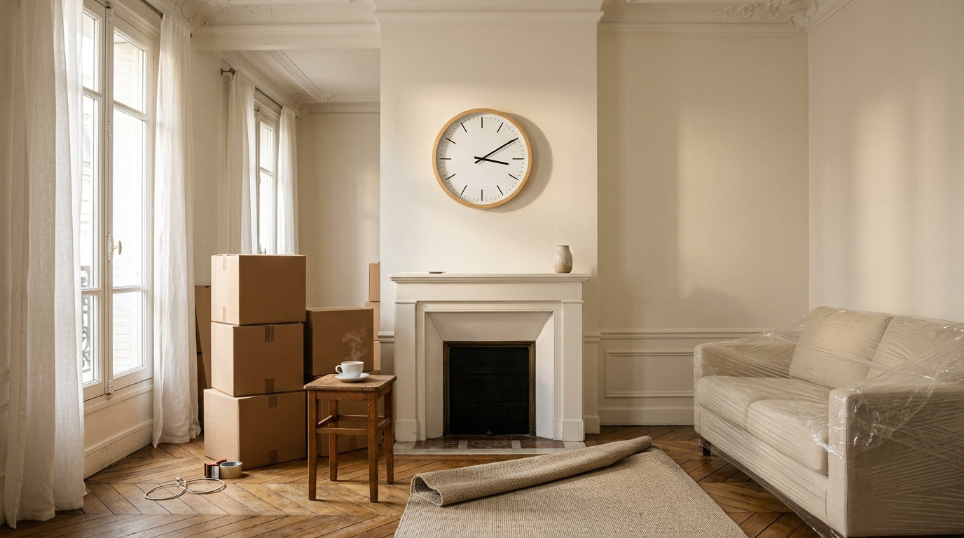 Nouvel appartement parisien avec cartons de déménagement et horloge murale fraîchement installée