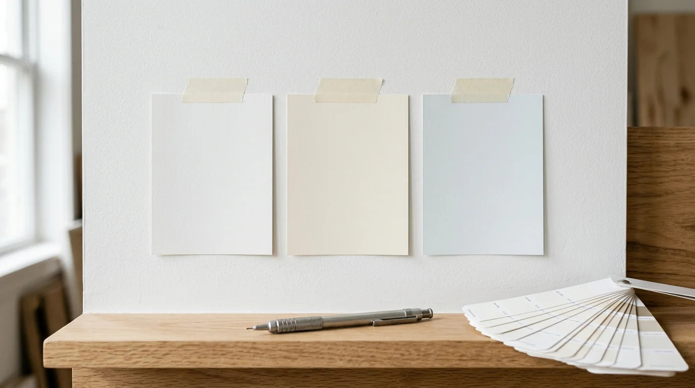 Test des nuances de blanc sur un mur avec des post-it pour comparer avant de fixer une horloge