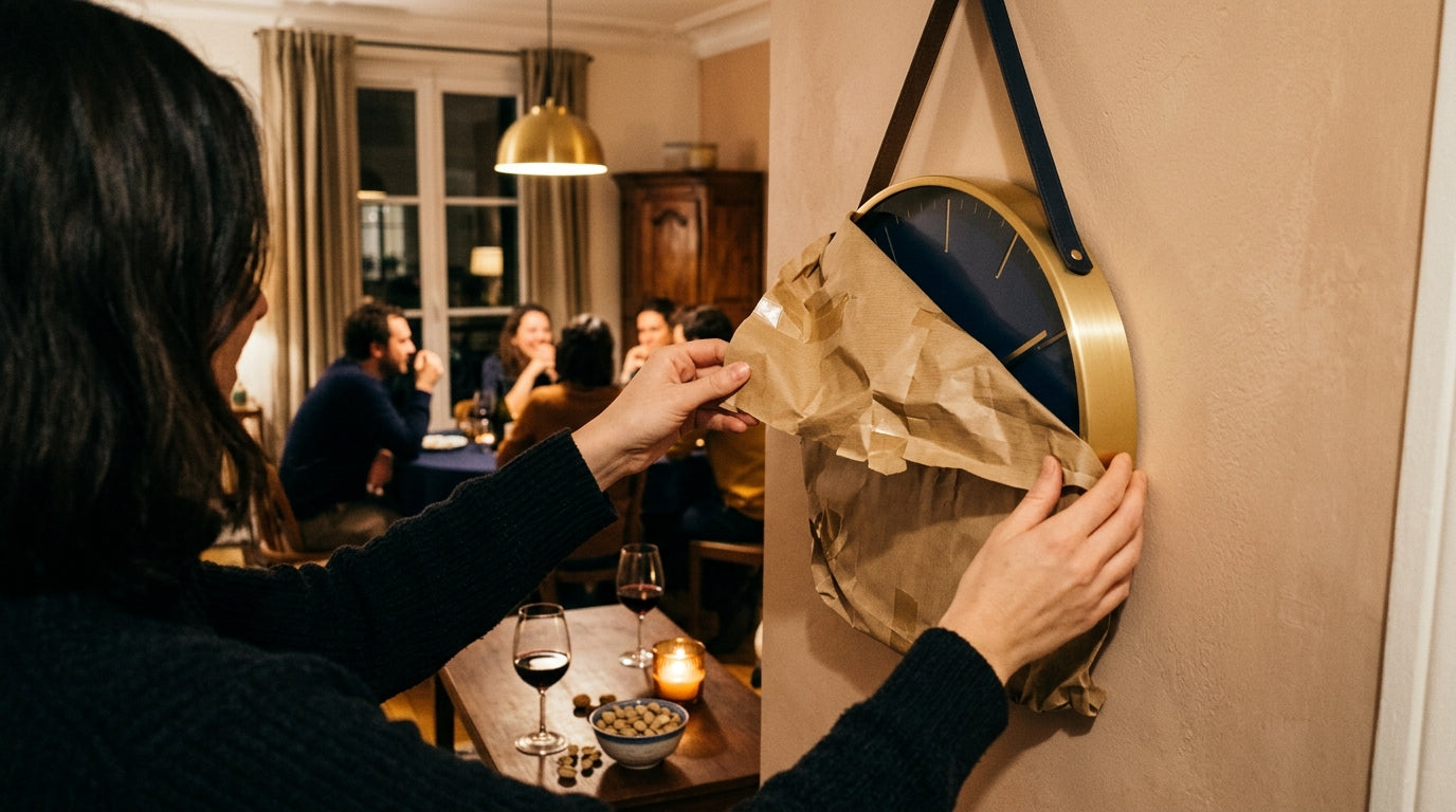 Scène conviviale d'ouverture de cadeau crémaillère avec amis et horloge murale