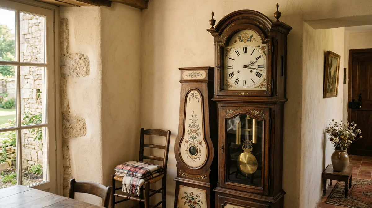 Pendule comtoise française traditionnelle avec balancier visible et habillage en bois